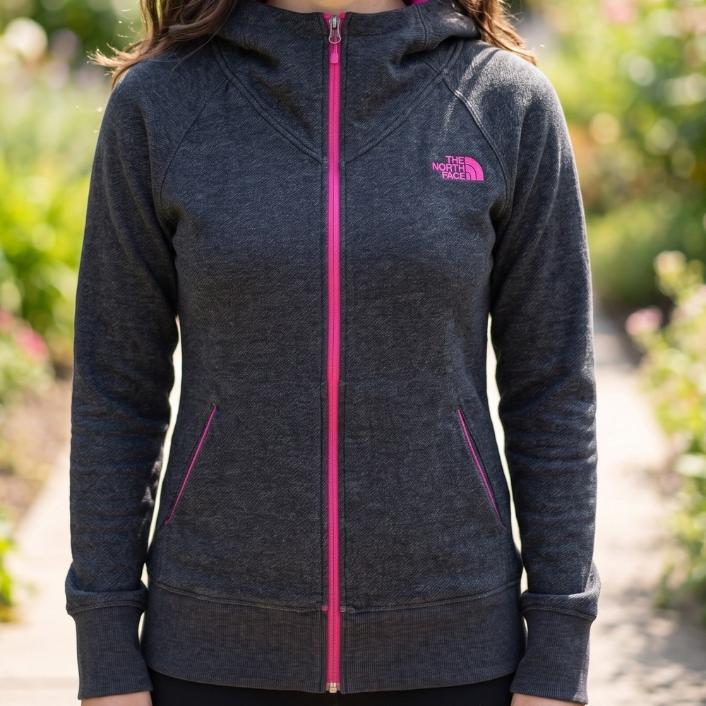 The North Face Womens Full Zip Hoodie Charcoal Pink Heathered Jacket Raglan